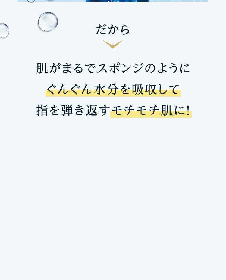 肌がまるでスポンジのようにぐんぐん水分を吸水して指を弾き返すモチモチ肌に