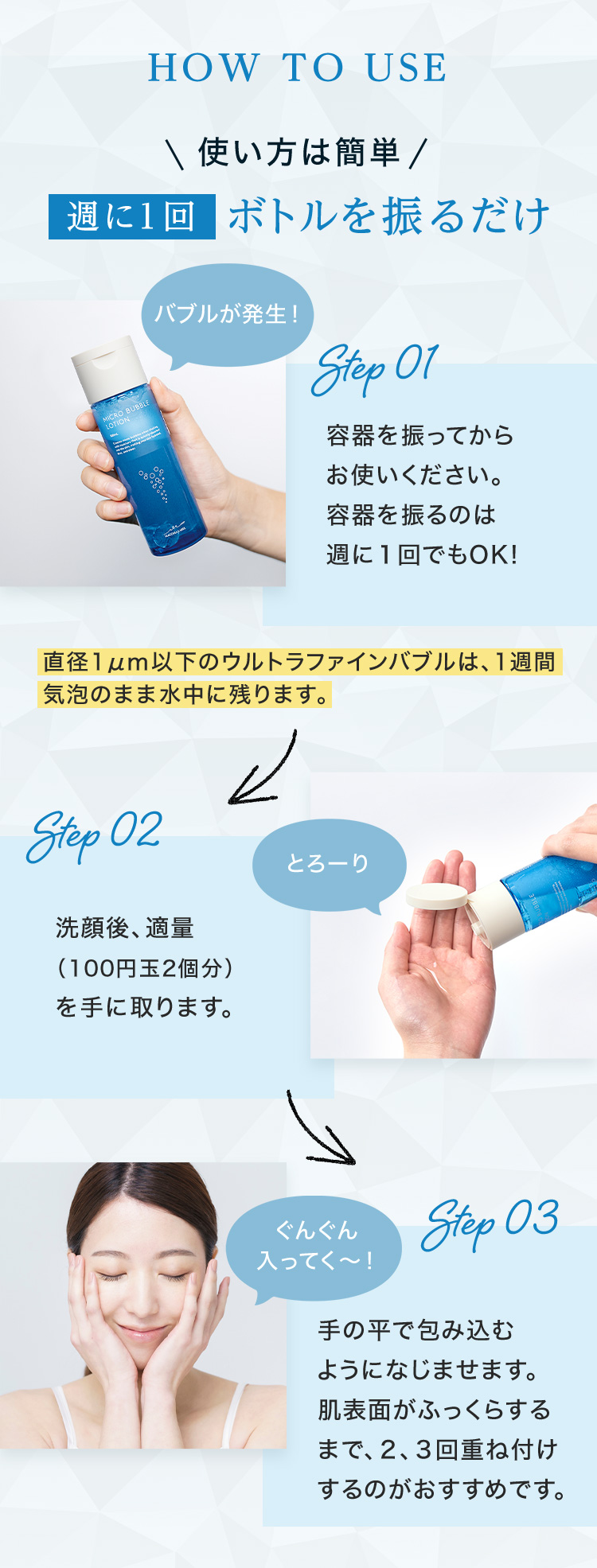 使い方は簡単　週に1回ボトルを振るだけ